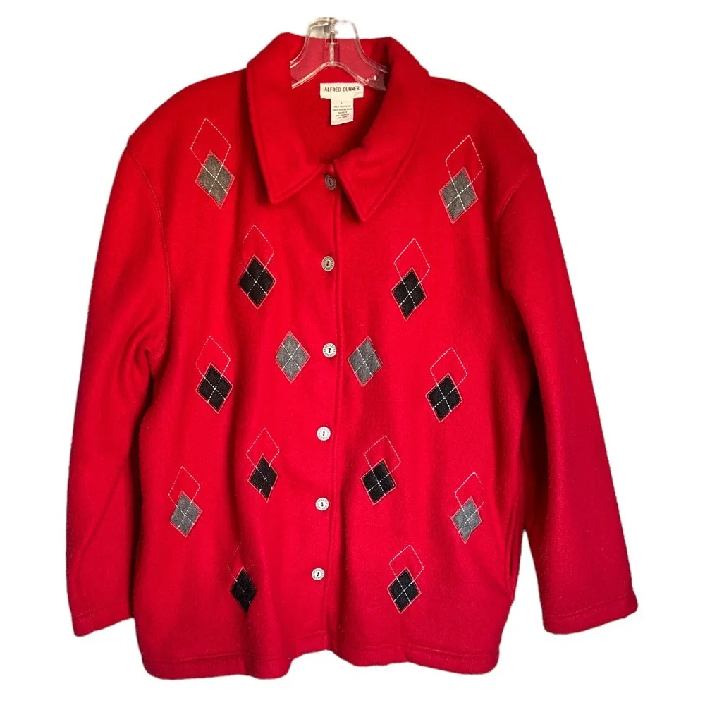 Vintage Women's‎ Size L Alfred Dunner Red Argyle Holiday Fleece Jacket Cardigan
